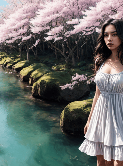 woman, cherry blossoms, river