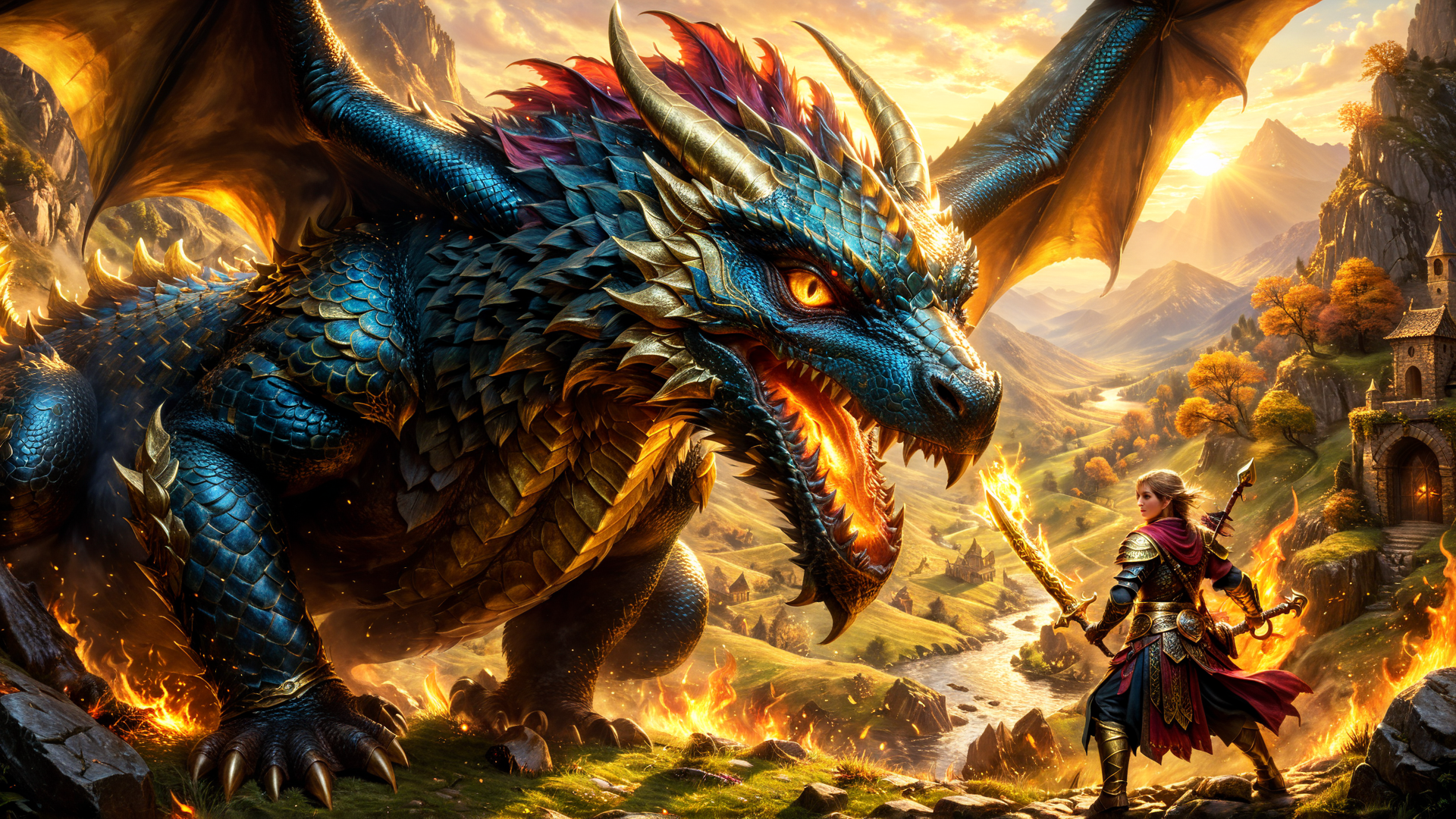 AI generated wallpaper featuring dragon, knight, sword, fire, mountains, castle, river, sunset, armor, hills