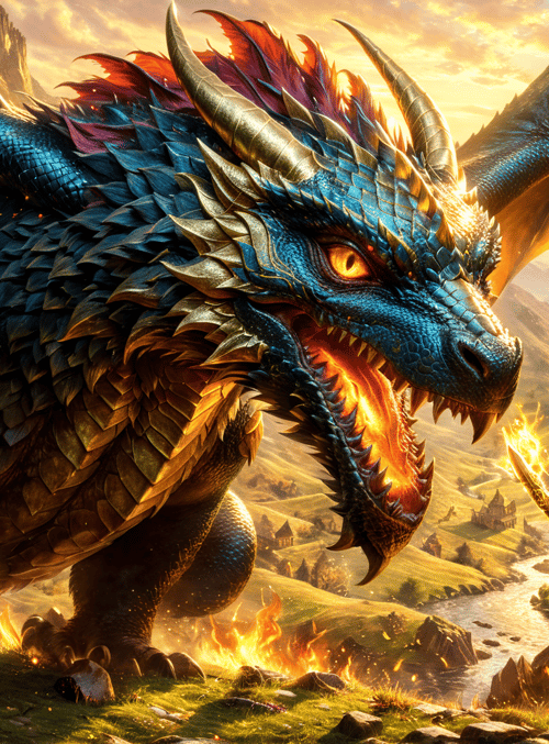 dragon, knight, sword, fire, mountains, castle, river, sunset, armor, hills