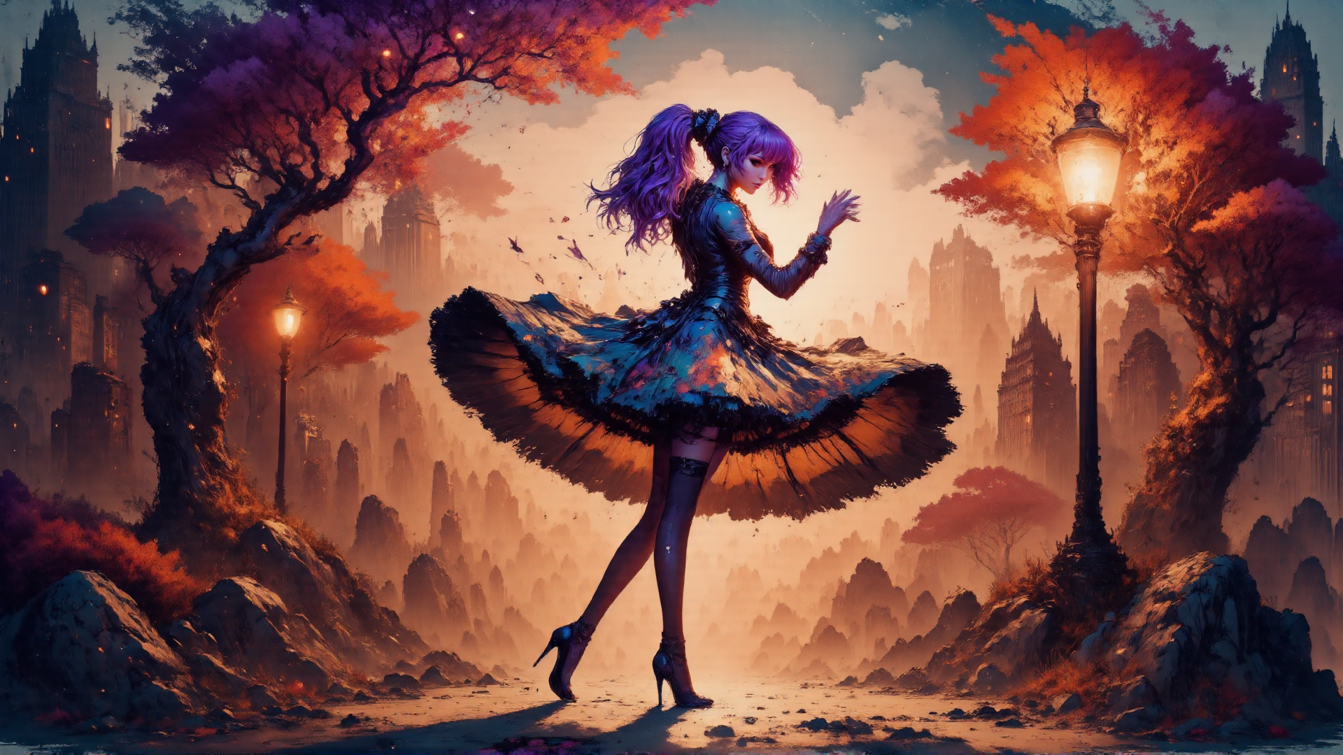 AI generated wallpaper featuring girl, dress, city