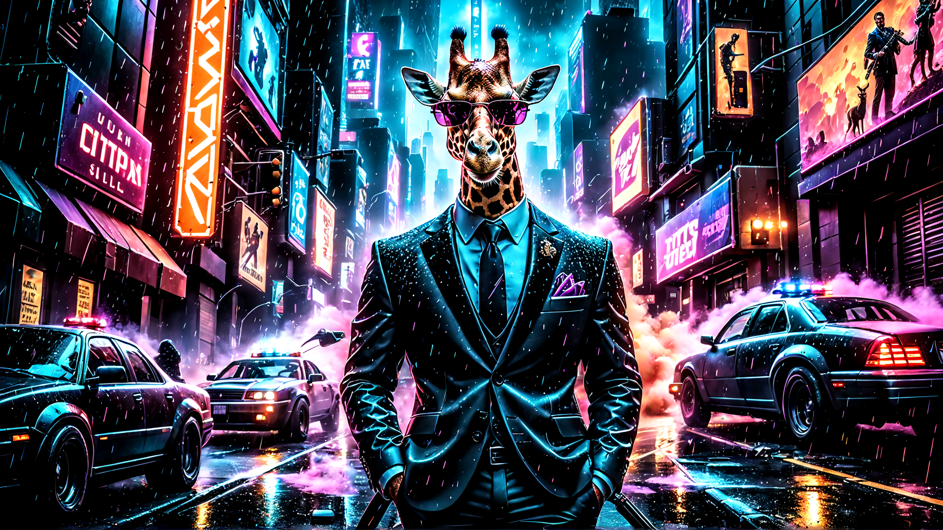 AI generated wallpaper featuring giraffe, city, police cars, neon signs, rain
