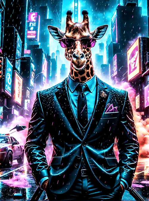 giraffe, city, police cars, neon signs, rain