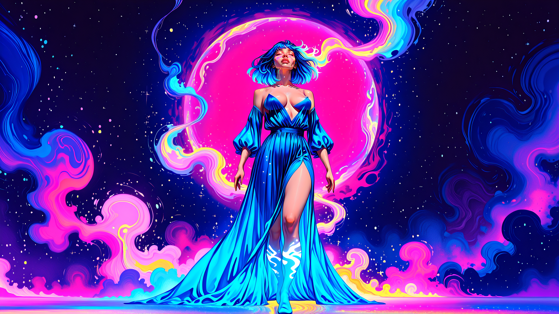 AI generated wallpaper featuring woman, dress, cosmic, figure, neon, galaxy, clouds, stars, moon, aura