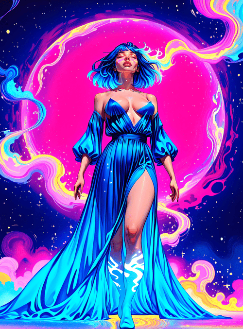 woman, dress, cosmic, figure, neon, galaxy, clouds, stars, moon, aura