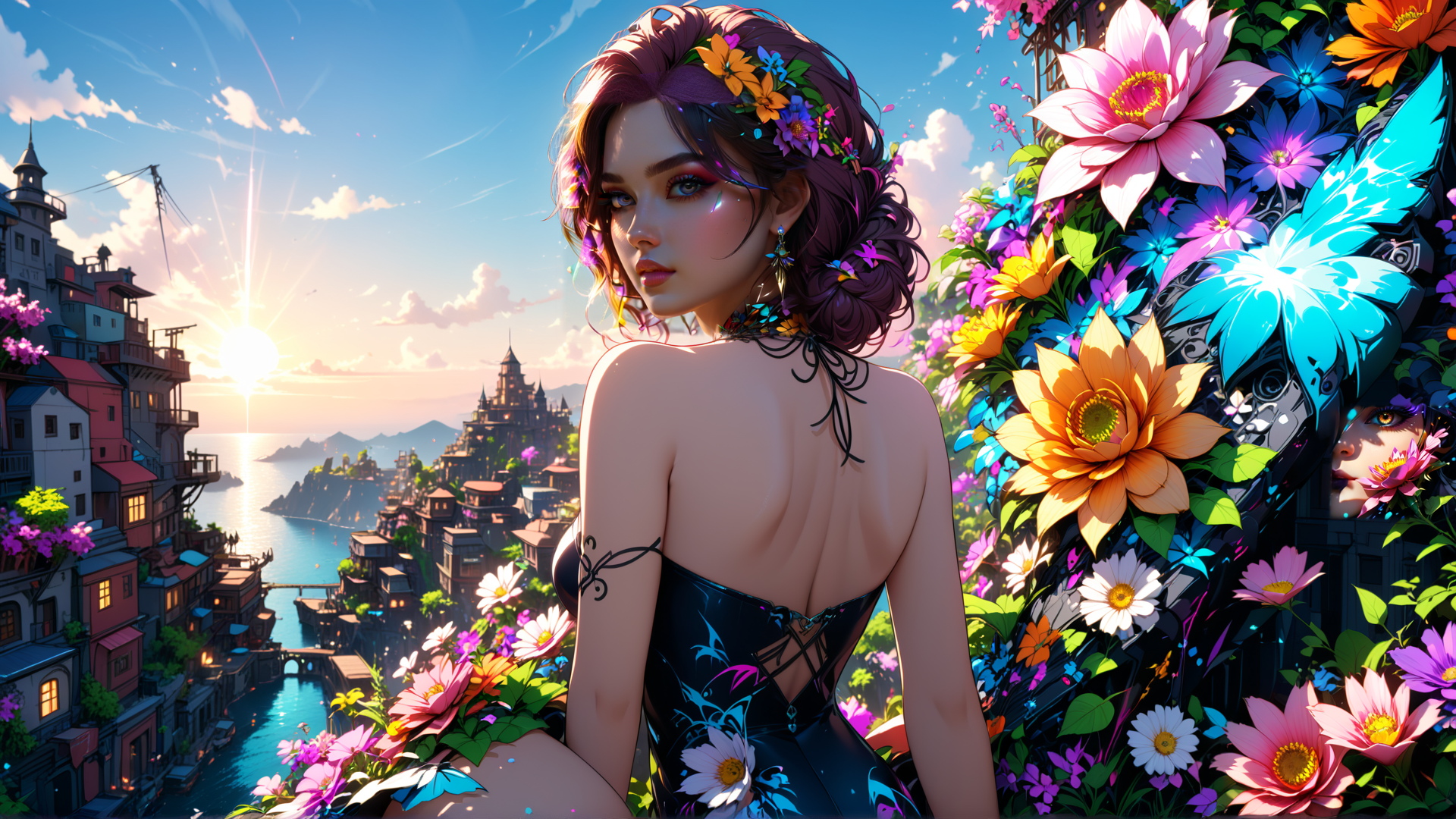 AI generated wallpaper featuring woman, flowers, city