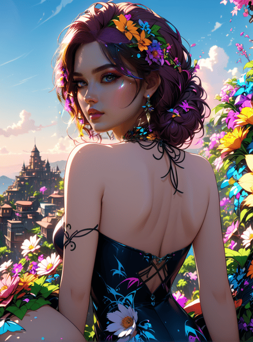 woman, flowers, city