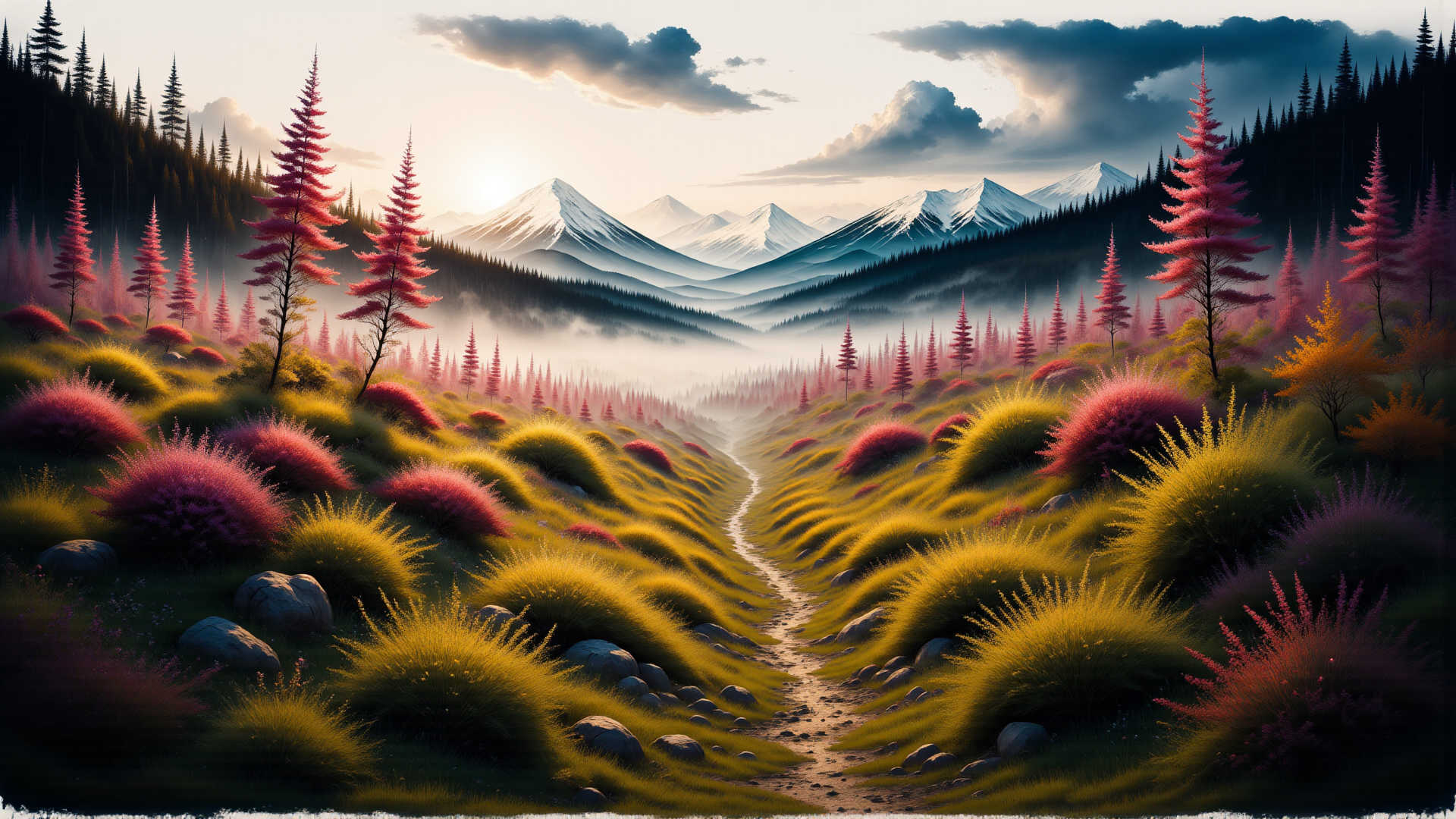 AI generated wallpaper featuring mountains, path, trees, grass, bushes, rocks, sun, clouds, fog, field