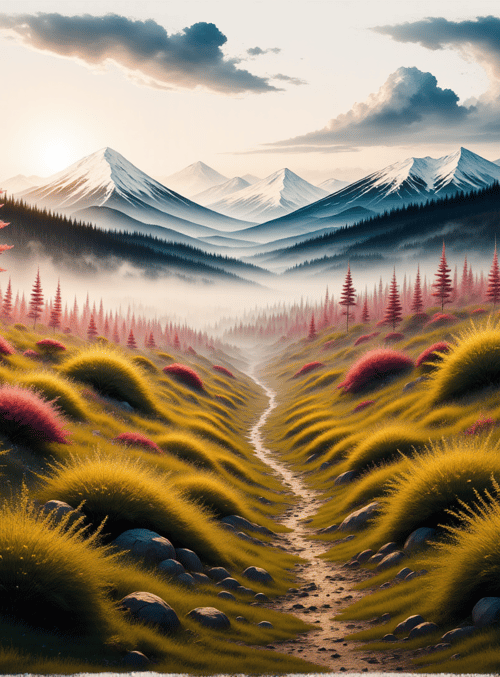 mountains, path, trees, grass, bushes, rocks, sun, clouds, fog, field