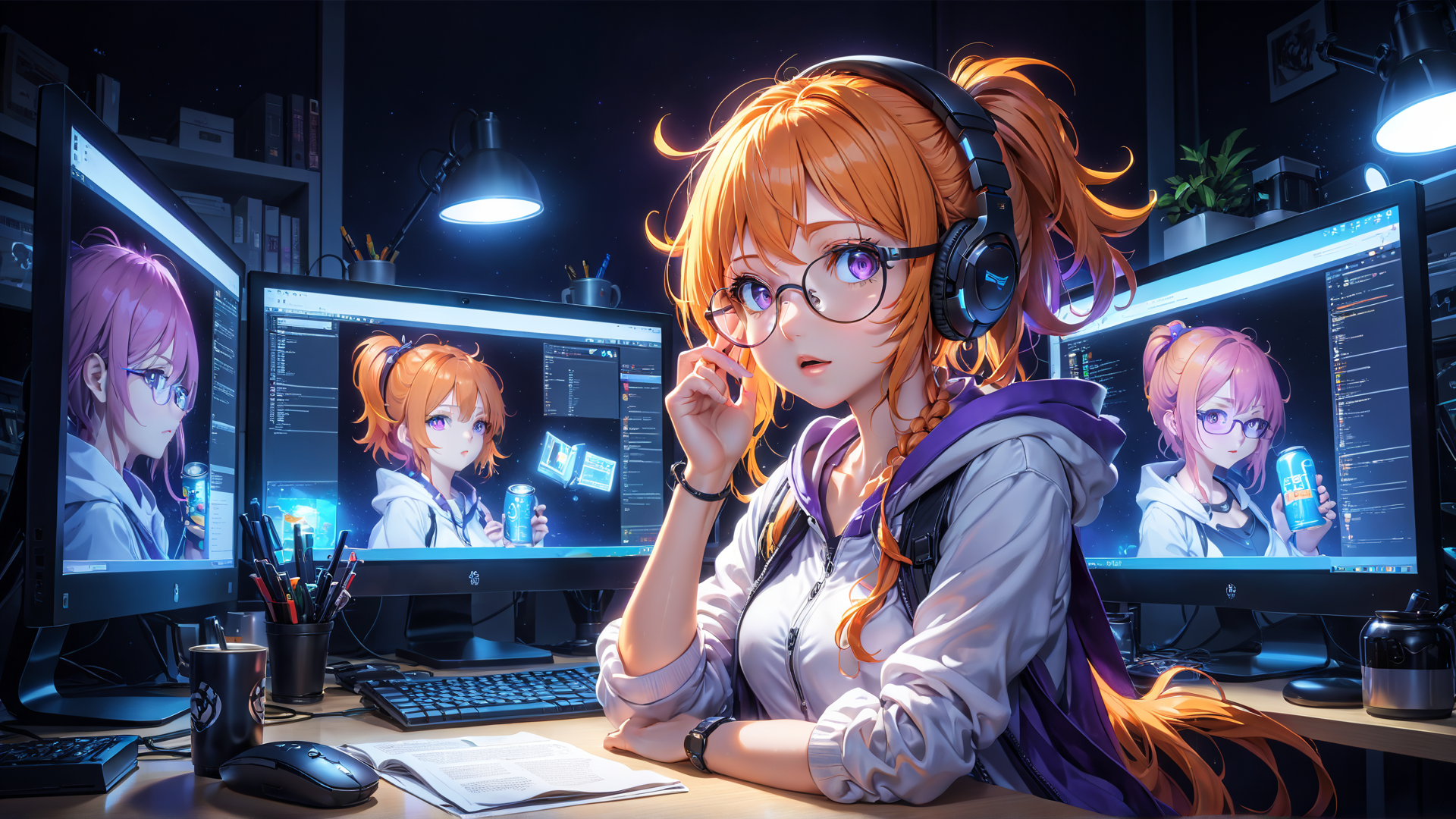 AI generated wallpaper featuring anime girl, headphones, computer monitors, glasses, desk, mouse, keyboard, can, book, plants