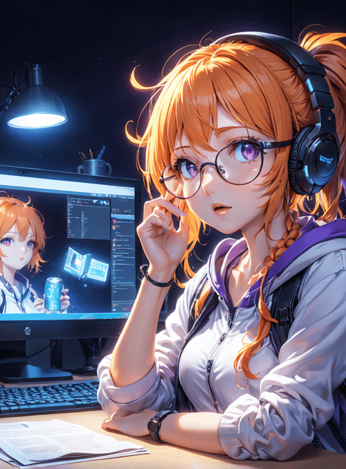 anime girl, headphones, computer monitors, glasses, desk, mouse, keyboard, can, book, plants