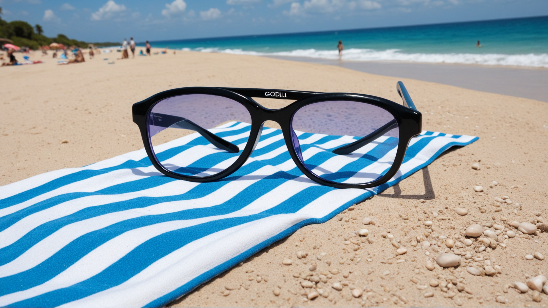 AI generated wallpaper featuring sunglasses, beach towel, sand
