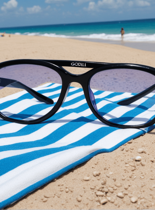 sunglasses, beach towel, sand