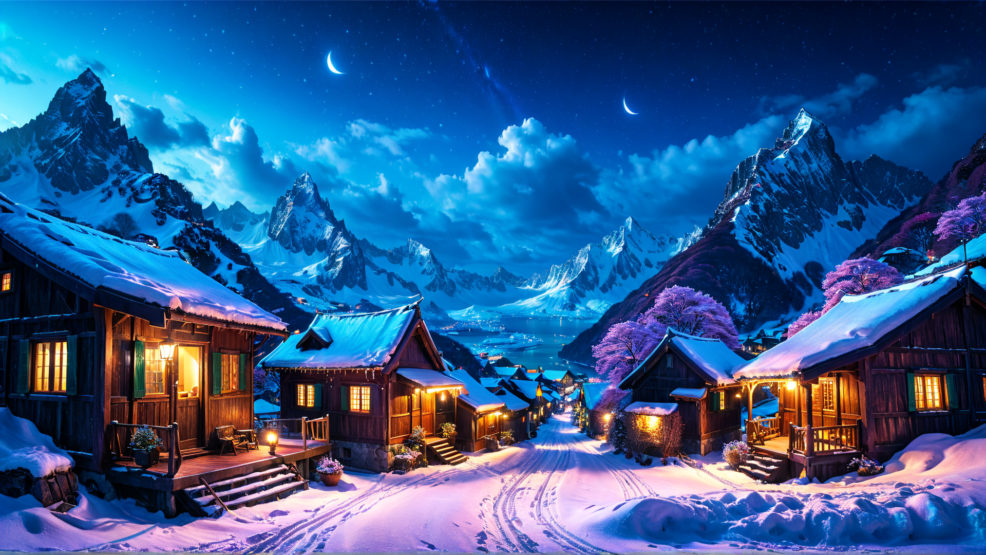 AI generated wallpaper featuring mountains, cottages, snow, trees, moon