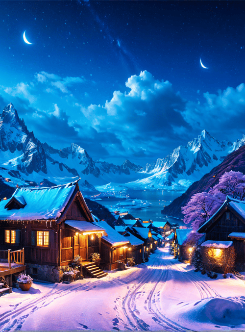 mountains, cottages, snow, trees, moon