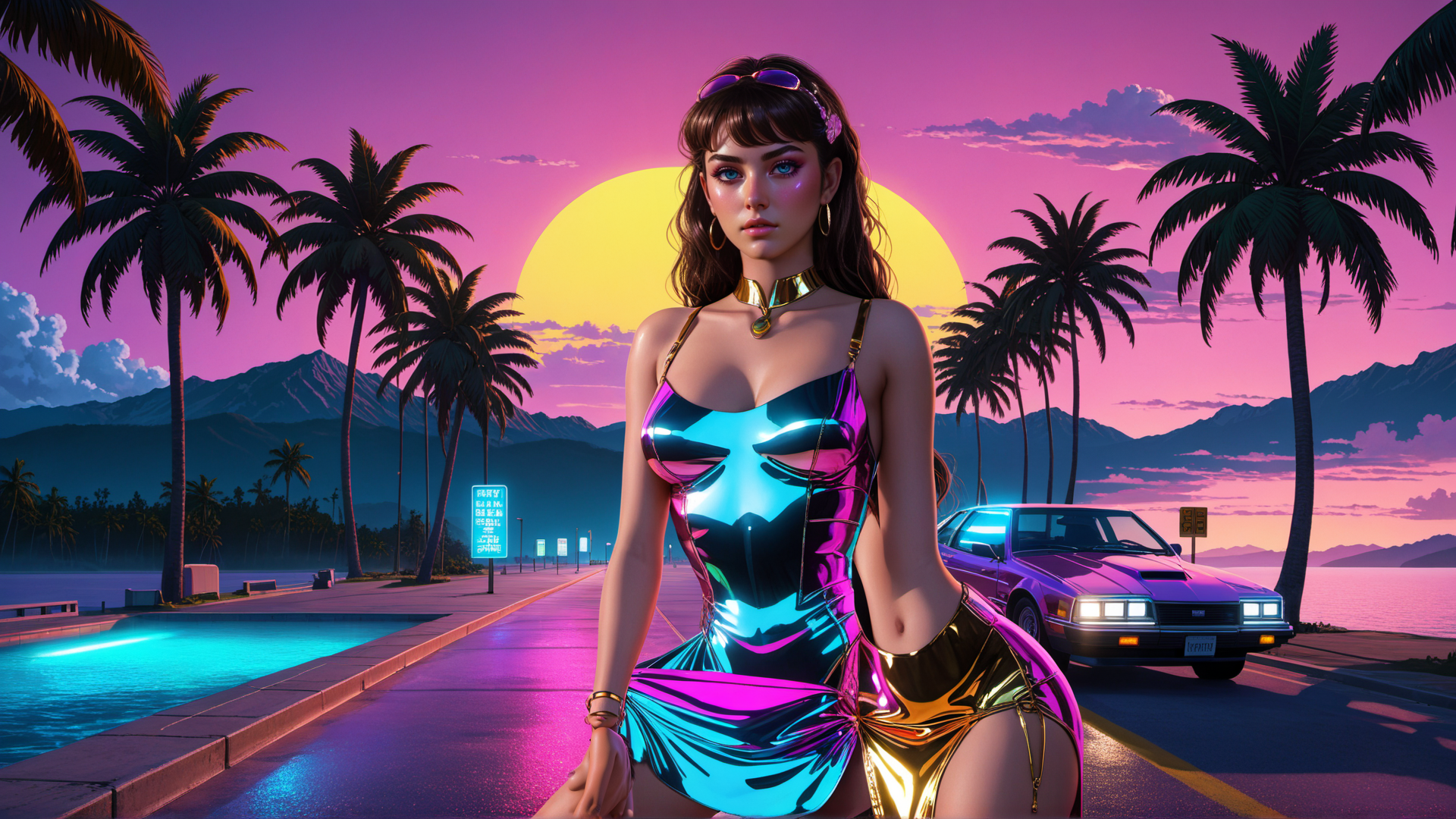 AI generated wallpaper featuring woman, car, palm trees