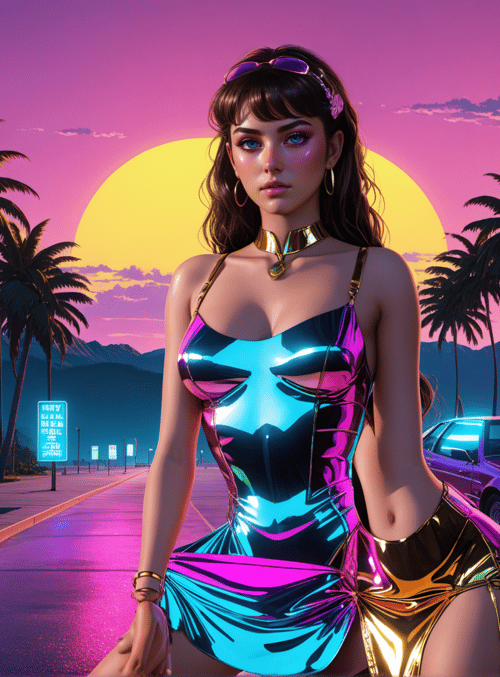 woman, car, palm trees