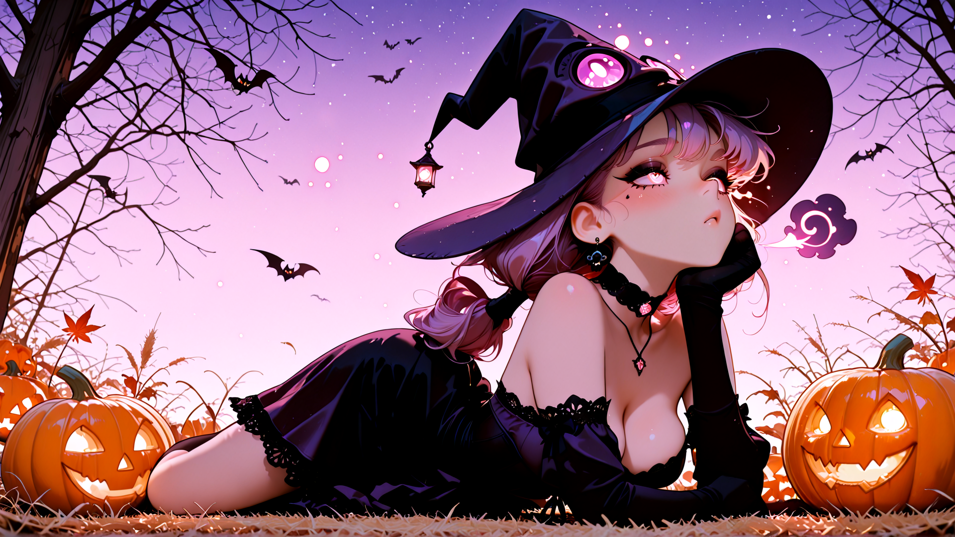 AI generated wallpaper featuring witch, pumpkin, bats, tree, lantern, hair, dress, gloves, choker, moon
