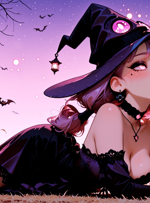witch, pumpkin, bats, tree, lantern, hair, dress, gloves, choker, moon