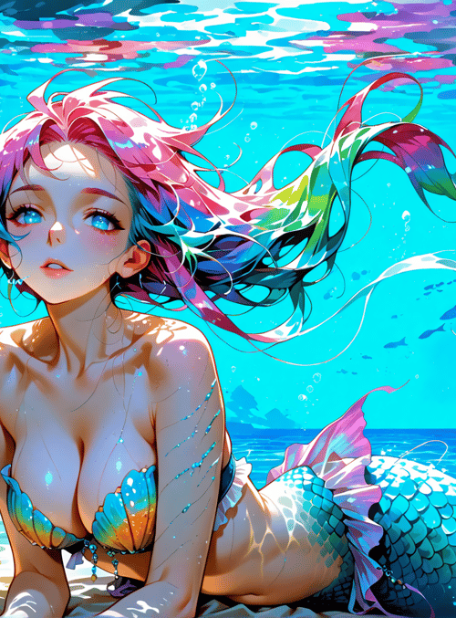 mermaid, seashell, coral, fish, ocean, scales, bubbles, water, sunlight, tentacle