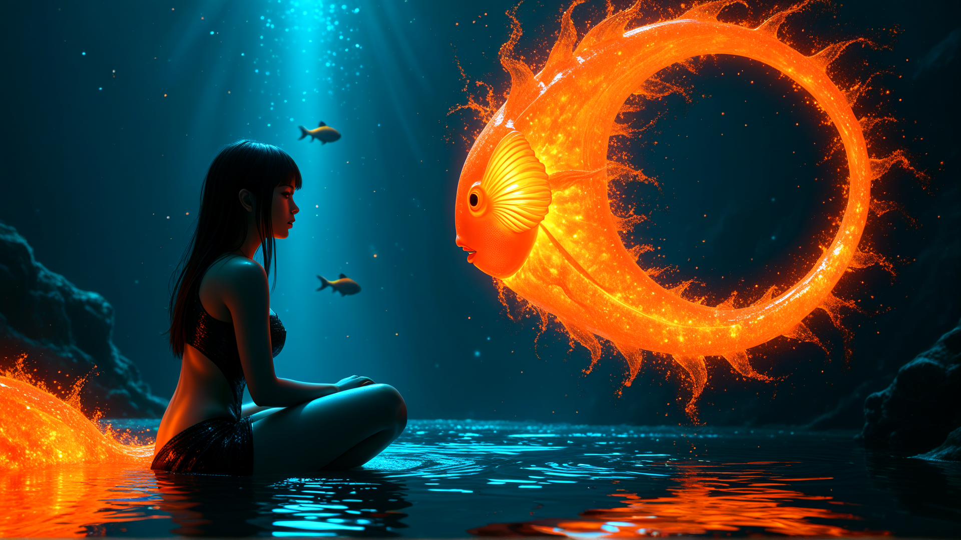 AI generated wallpaper featuring mermaid, fish, water, light, ring, sun