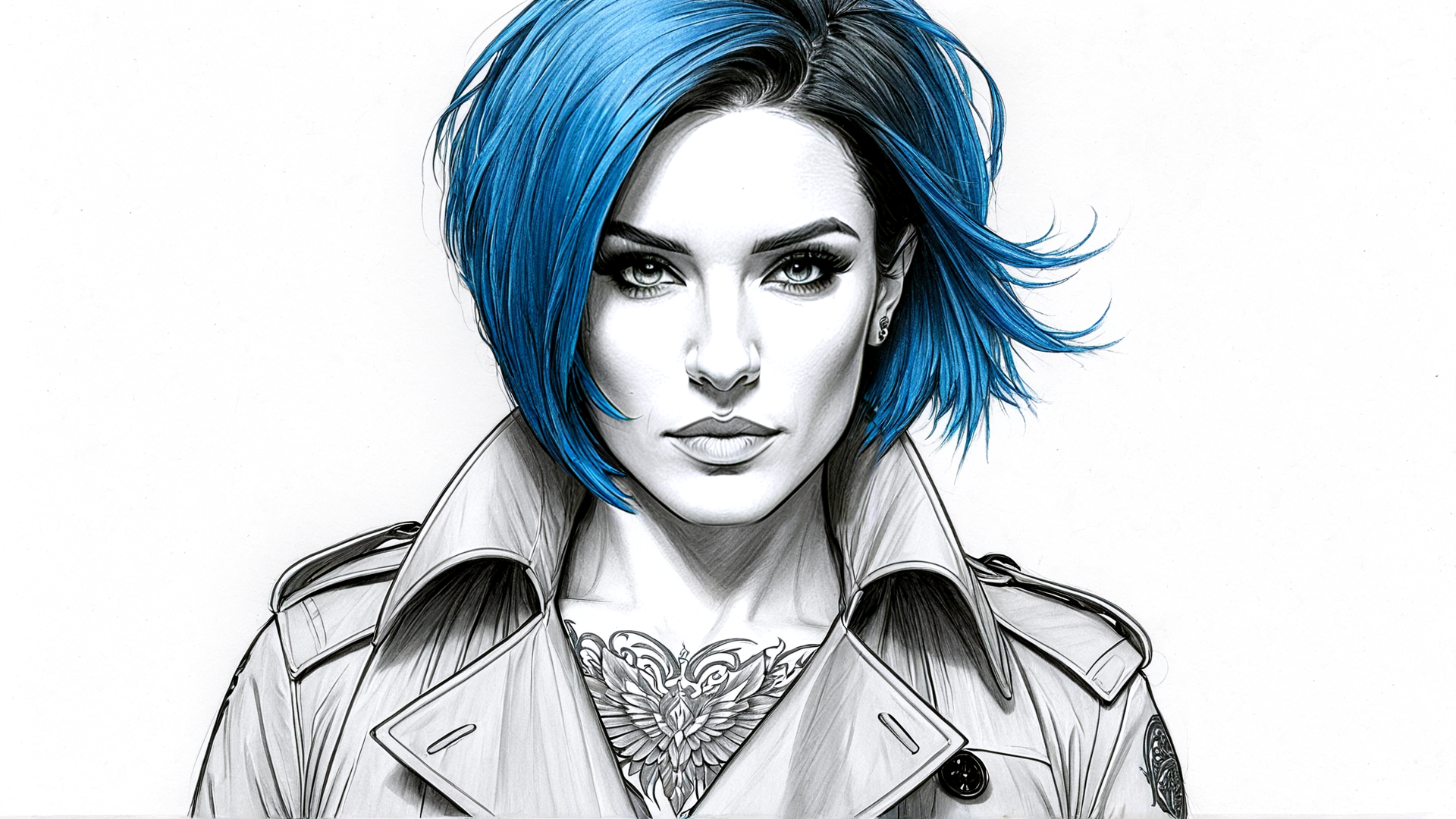 AI generated wallpaper featuring woman, tattoo, coat, hair