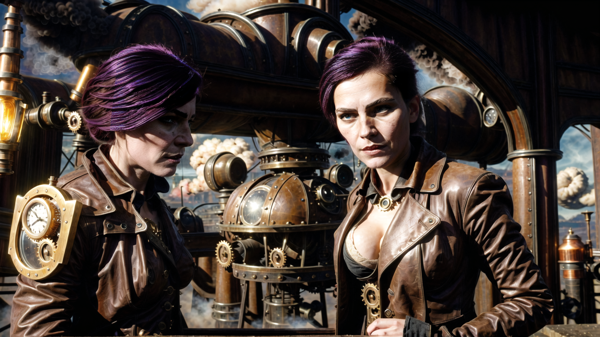 AI generated wallpaper featuring women, steampunk, mechanical