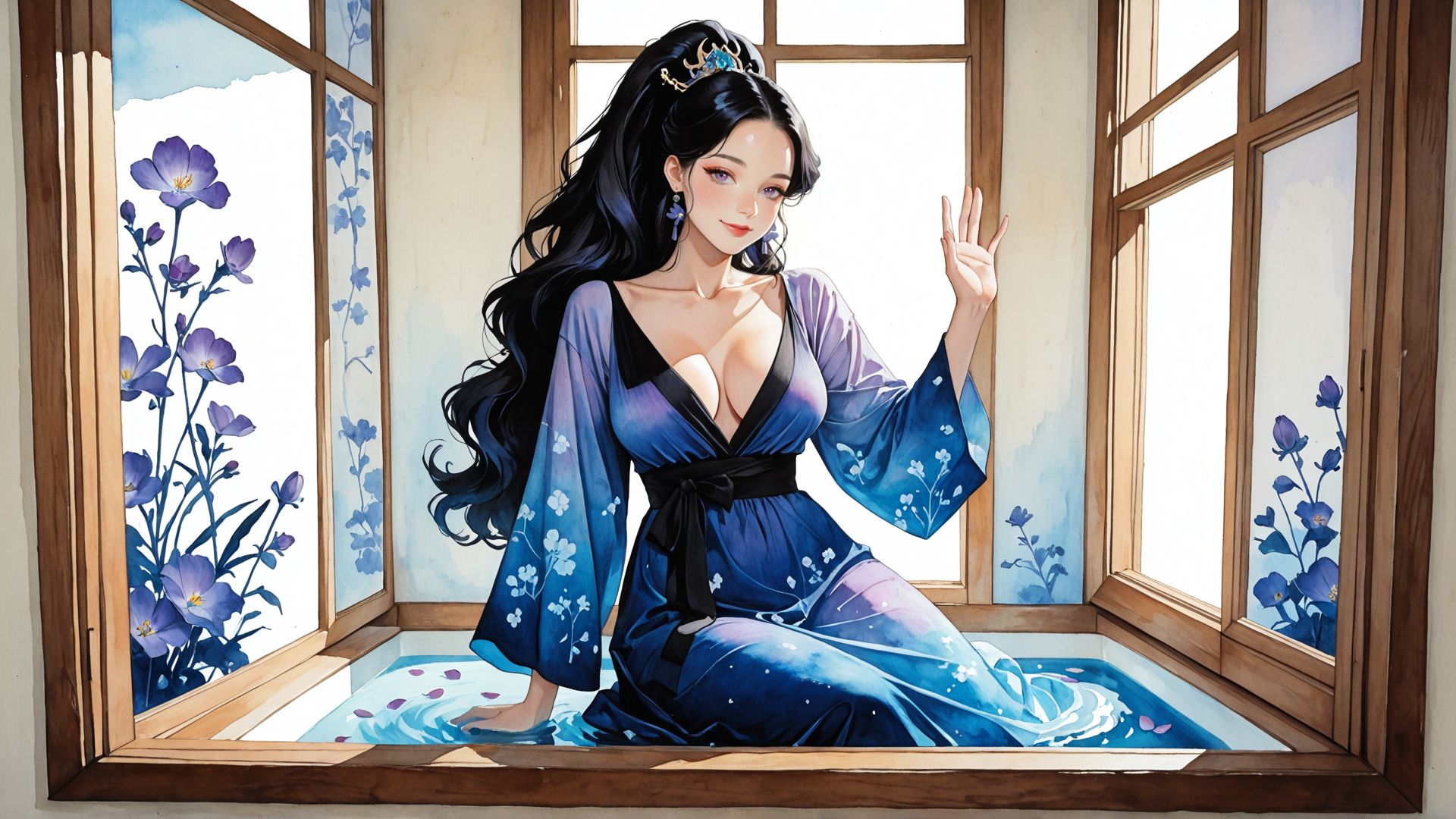 AI generated wallpaper featuring woman, dress, window, flowers, water, hair, tiara, earring, bath, robe