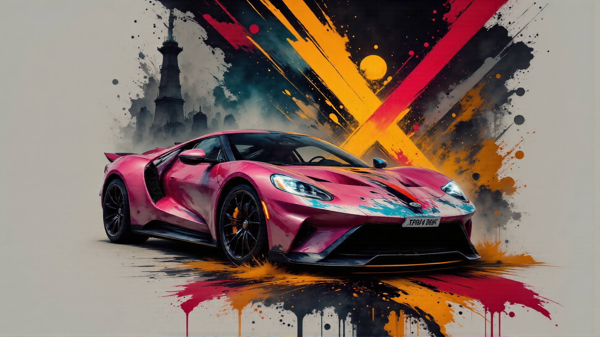 AI generated wallpaper featuring sports car, cityscape, paint splatter, tall building, suspension