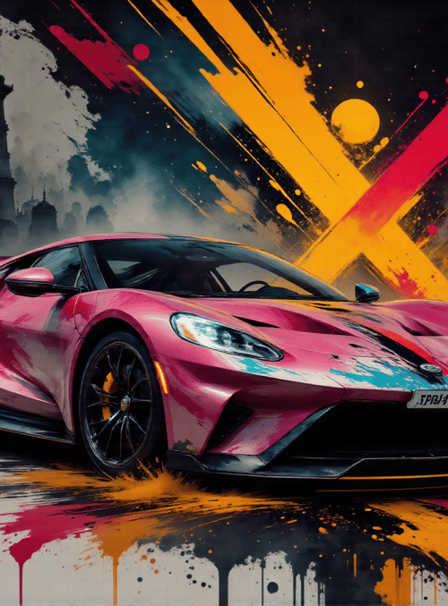 sports car, cityscape, paint splatter, tall building, suspension