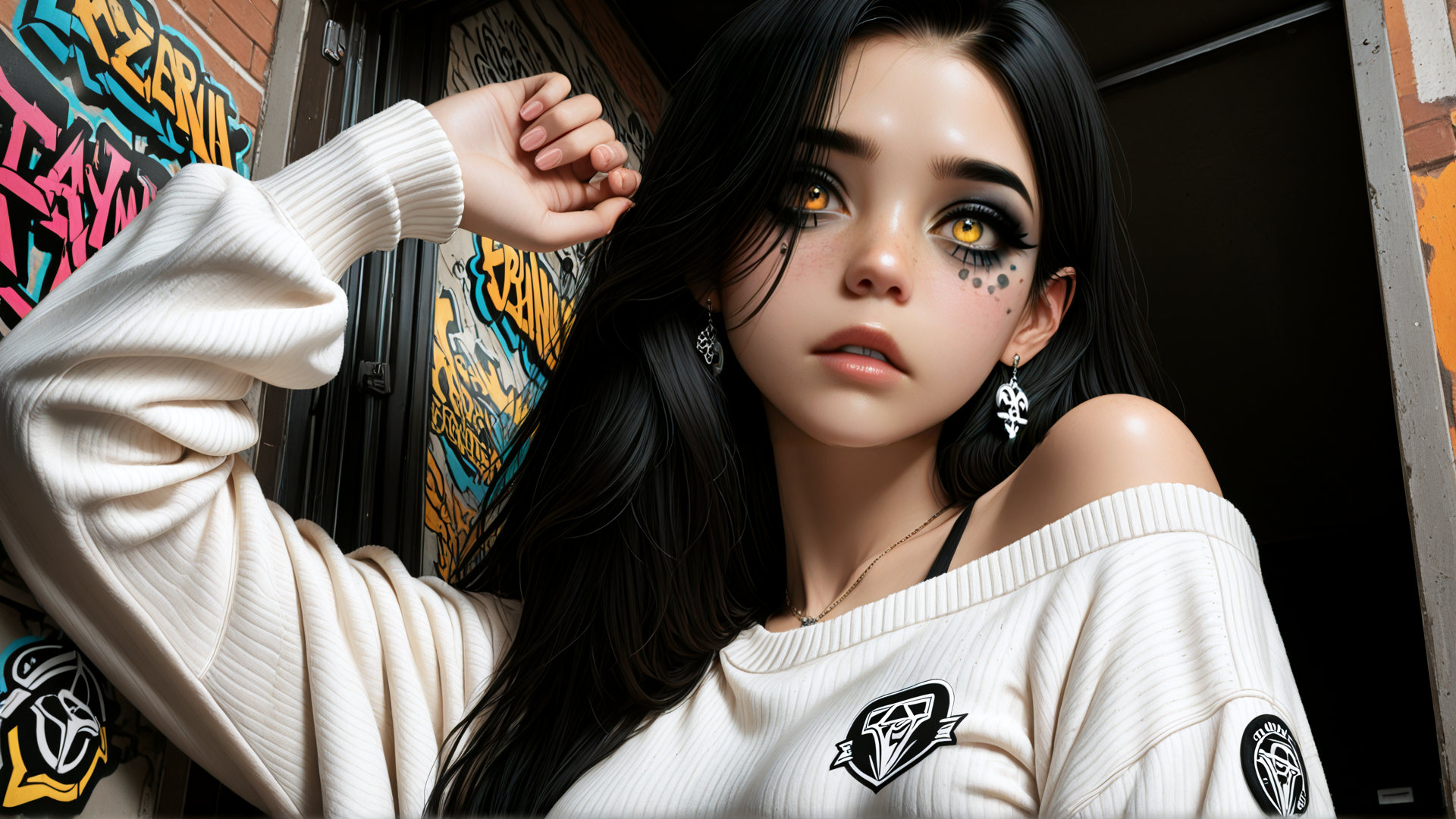 AI generated wallpaper featuring woman, graffiti, sweater, earrings, chain