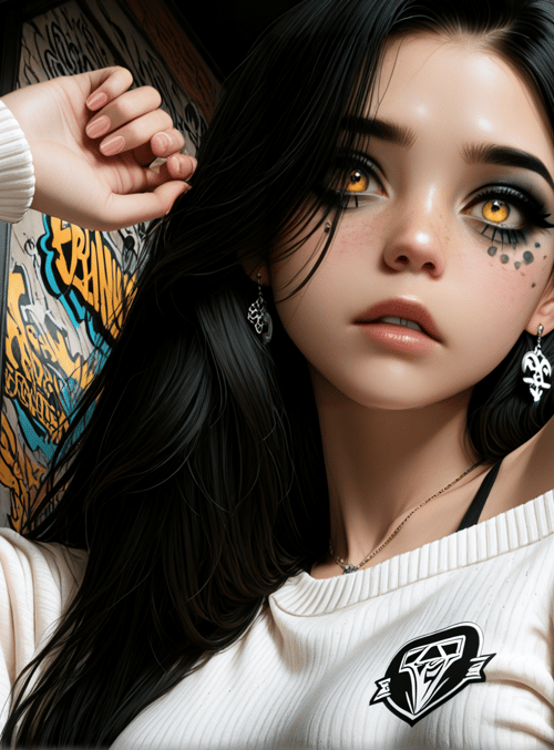 woman, graffiti, sweater, earrings, chain