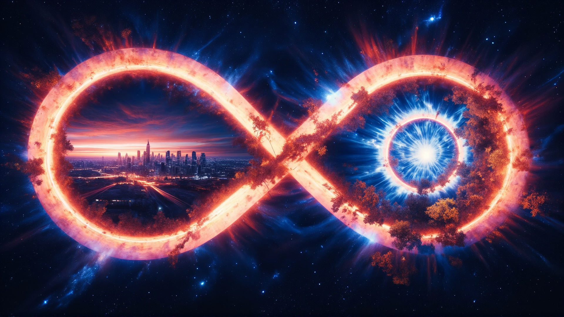 AI generated wallpaper featuring infinity symbol, cityscape, solar flare