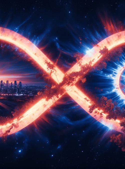 infinity symbol, cityscape, solar flare