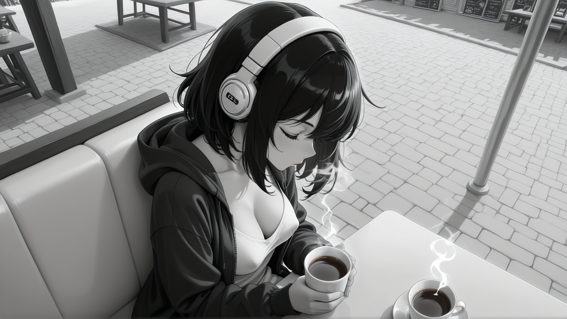 AI generated wallpaper featuring woman, headphones, coffee, couch, cafe, table, drink, cup, hair, hoodie