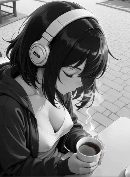 woman, headphones, coffee, couch, cafe, table, drink, cup, hair, hoodie