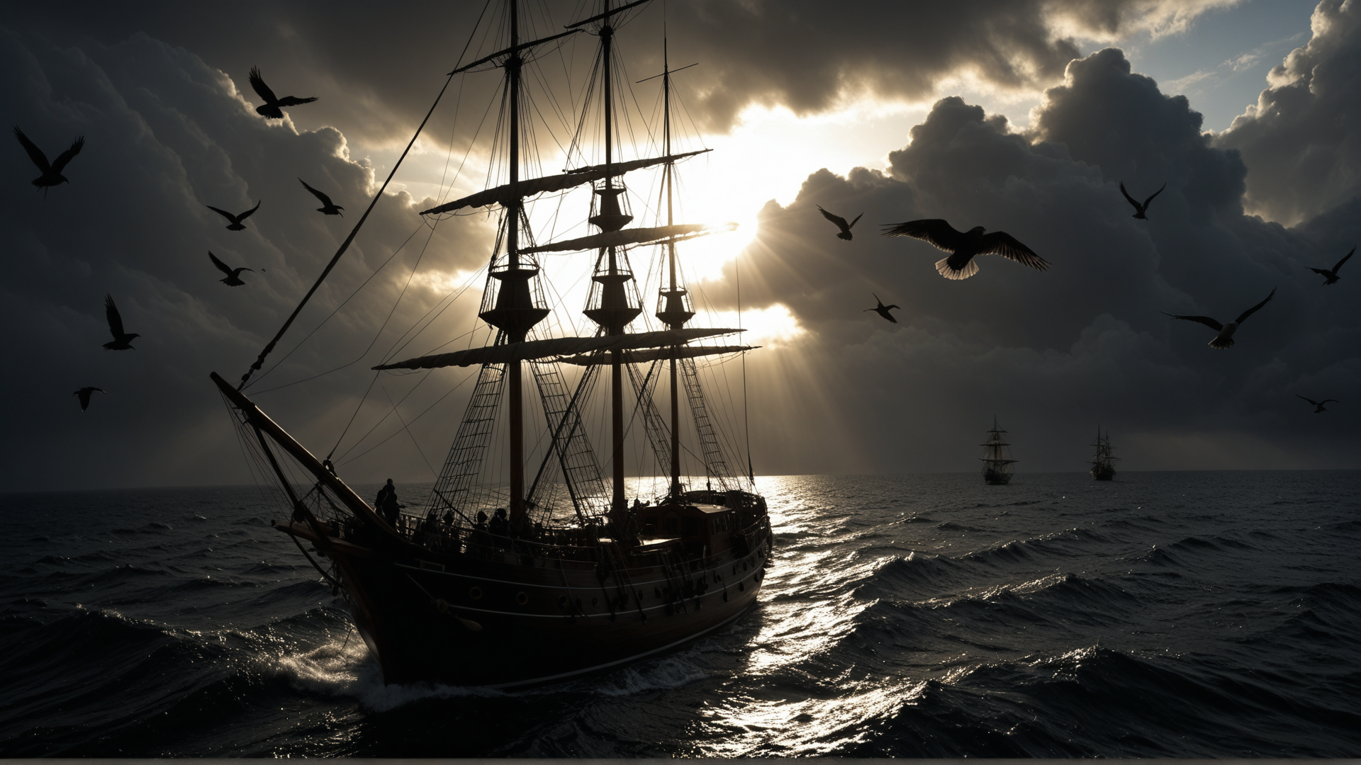 AI generated wallpaper featuring ship, birds, sailing