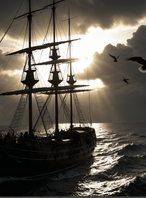 ship, birds, sailing