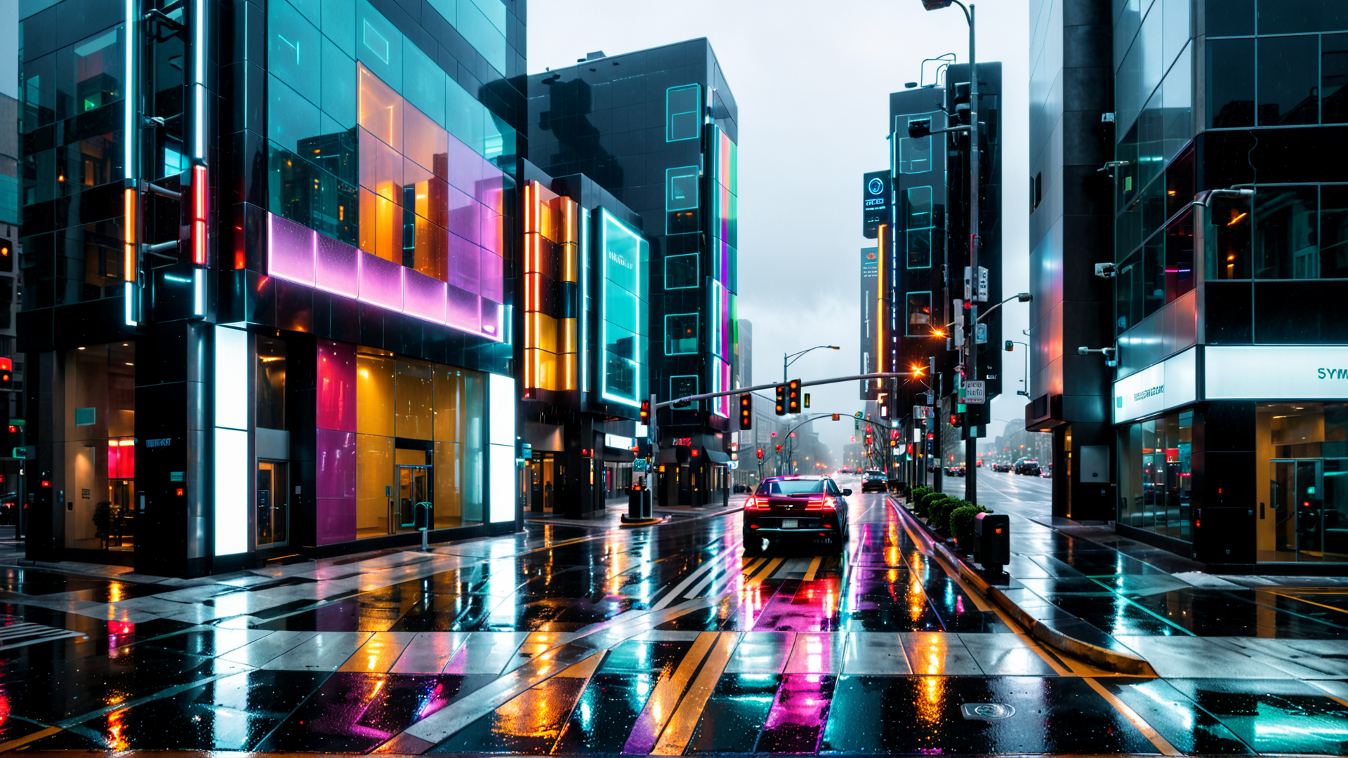AI generated wallpaper featuring city, street, cars, buildings, neon, traffic lights, road, windows, signs, rain