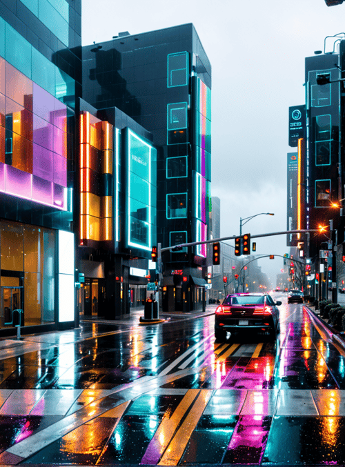 city, street, cars, buildings, neon, traffic lights, road, windows, signs, rain