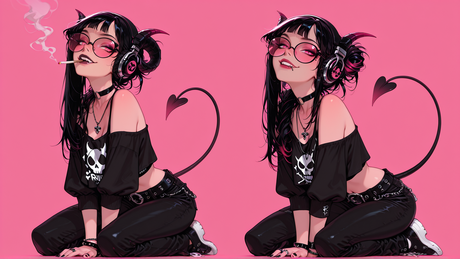 AI generated wallpaper featuring devil, woman, devil horns, tail, headphones, cigarette, skull shirt, choker, sunglasses, anklets