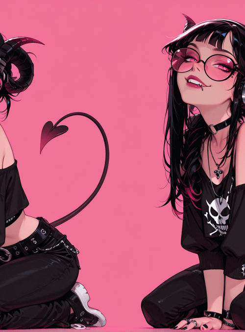 devil, woman, devil horns, tail, headphones, cigarette, skull shirt, choker, sunglasses, anklets