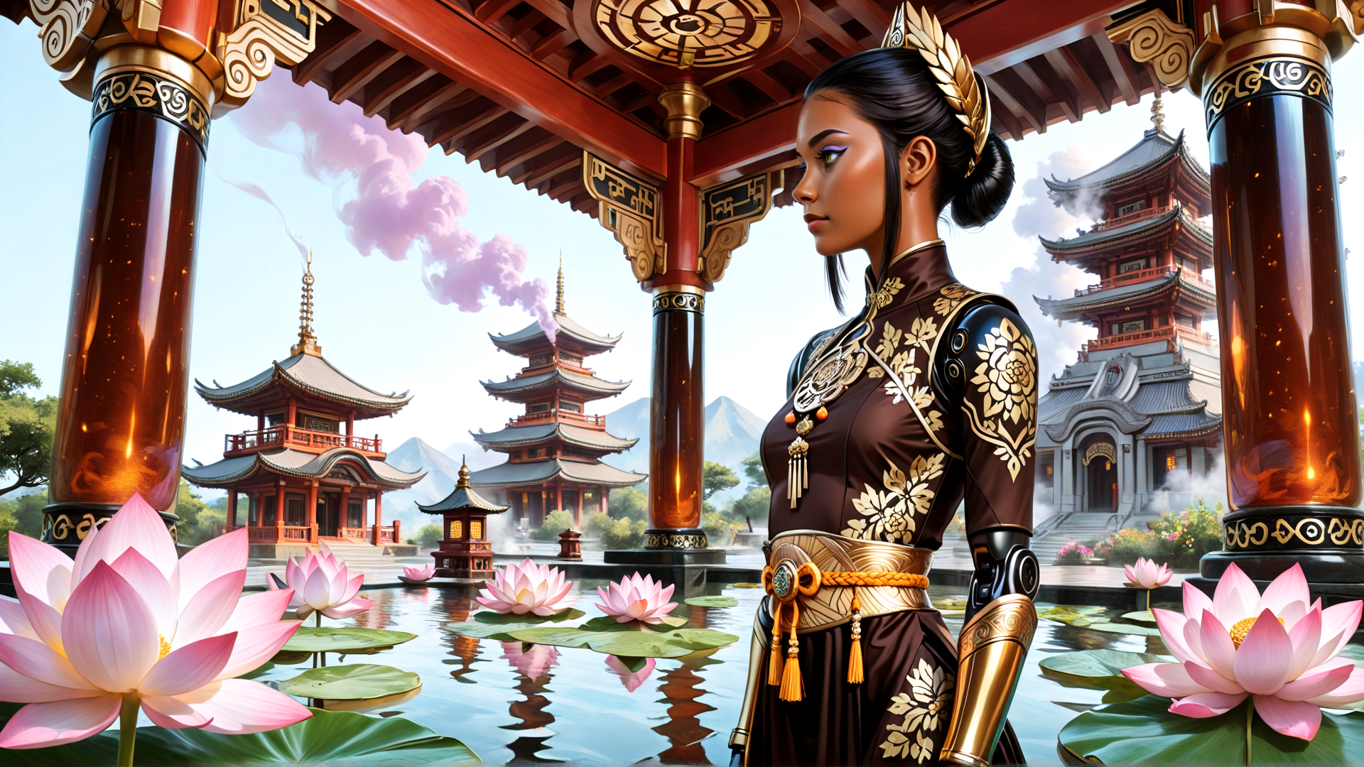 AI generated wallpaper featuring woman, lotus, pagoda, temple, armor, flower, garden, building, column, fountain