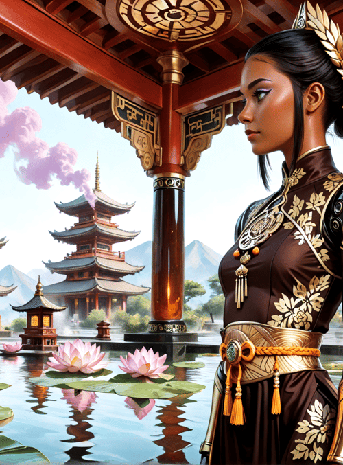 woman, lotus, pagoda, temple, armor, flower, garden, building, column, fountain