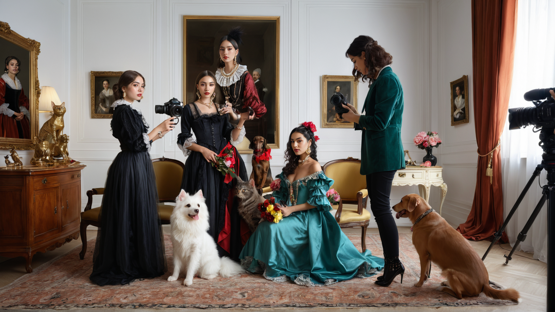 AI generated wallpaper featuring women, dogs, camera