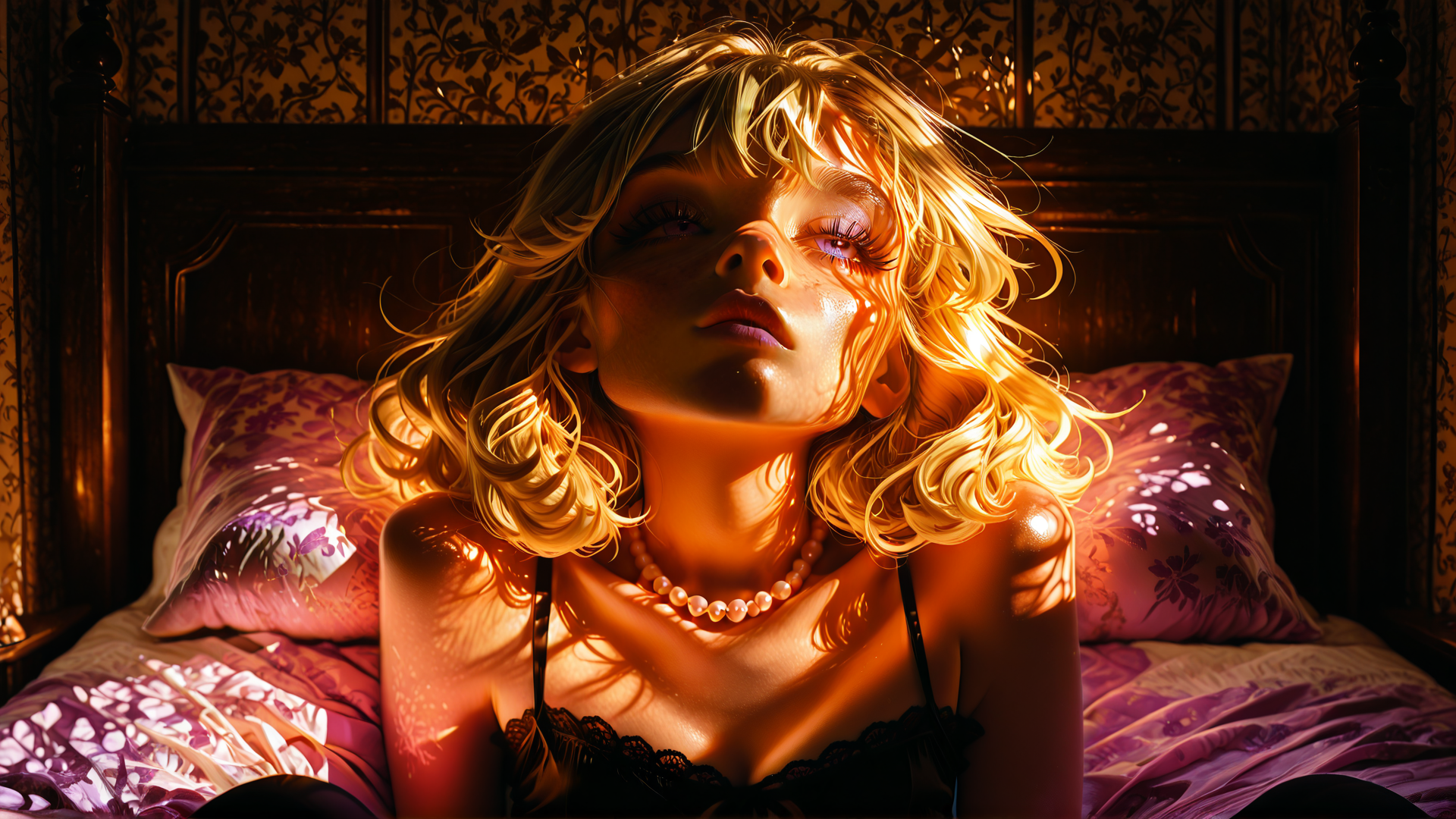 AI generated wallpaper featuring woman, blonde, bed, pillow, necklace, loungewear