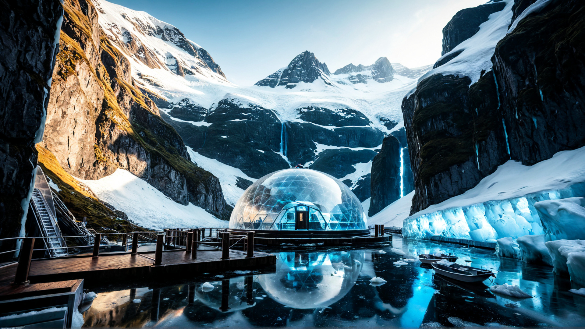 AI generated wallpaper featuring igloo, mountain, ice cave, glacier, lake, boat, snow, rock, dome, water