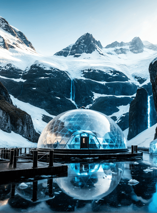 igloo, mountain, ice cave, glacier, lake, boat, snow, rock, dome, water