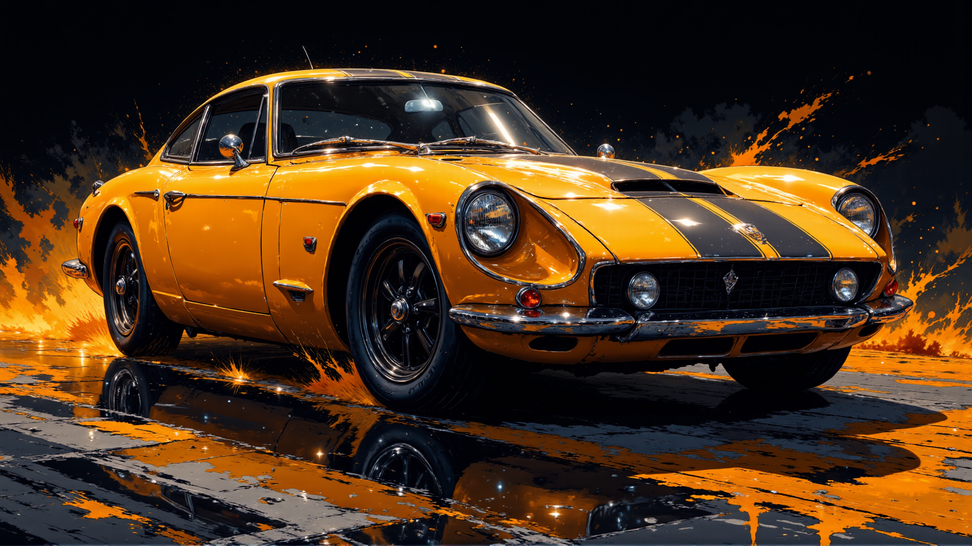 AI generated wallpaper featuring car, sports car, classic car, yellow car, vintage car, race car