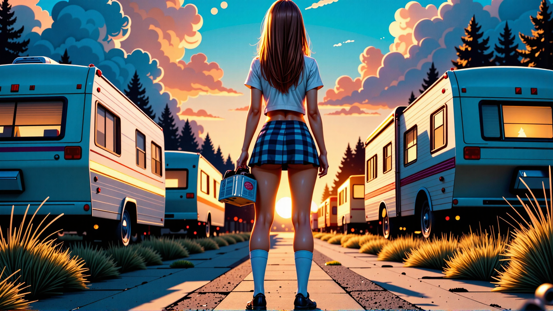 AI generated wallpaper featuring girl, RV, camping, sunset, sky, trees, skirt, socks, shoes, box