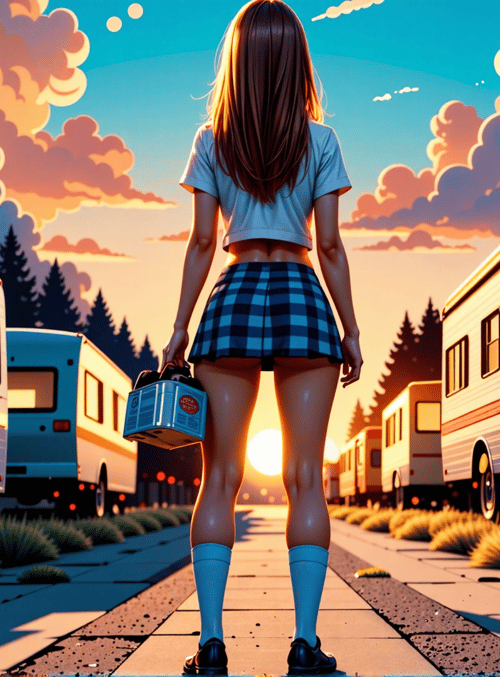 girl, RV, camping, sunset, sky, trees, skirt, socks, shoes, box
